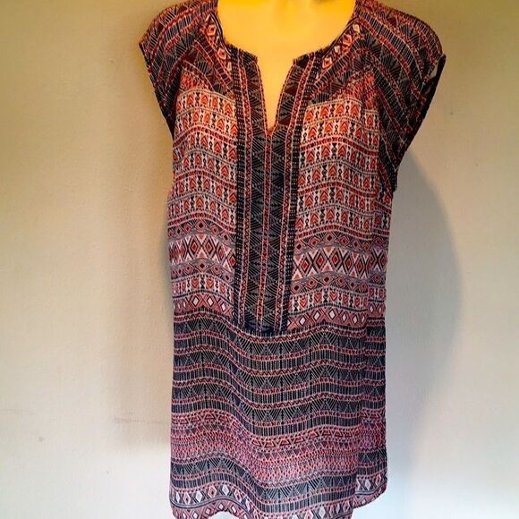 NIC+ZOE Tunic top sleeveless Patterned Tangerine orange black cream Medium - Picture 1 of 6